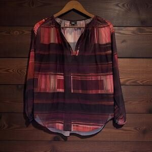 Mossimo Blouse Geometric Print V-Neck Tunic Coral Peach & Brown LS Size S